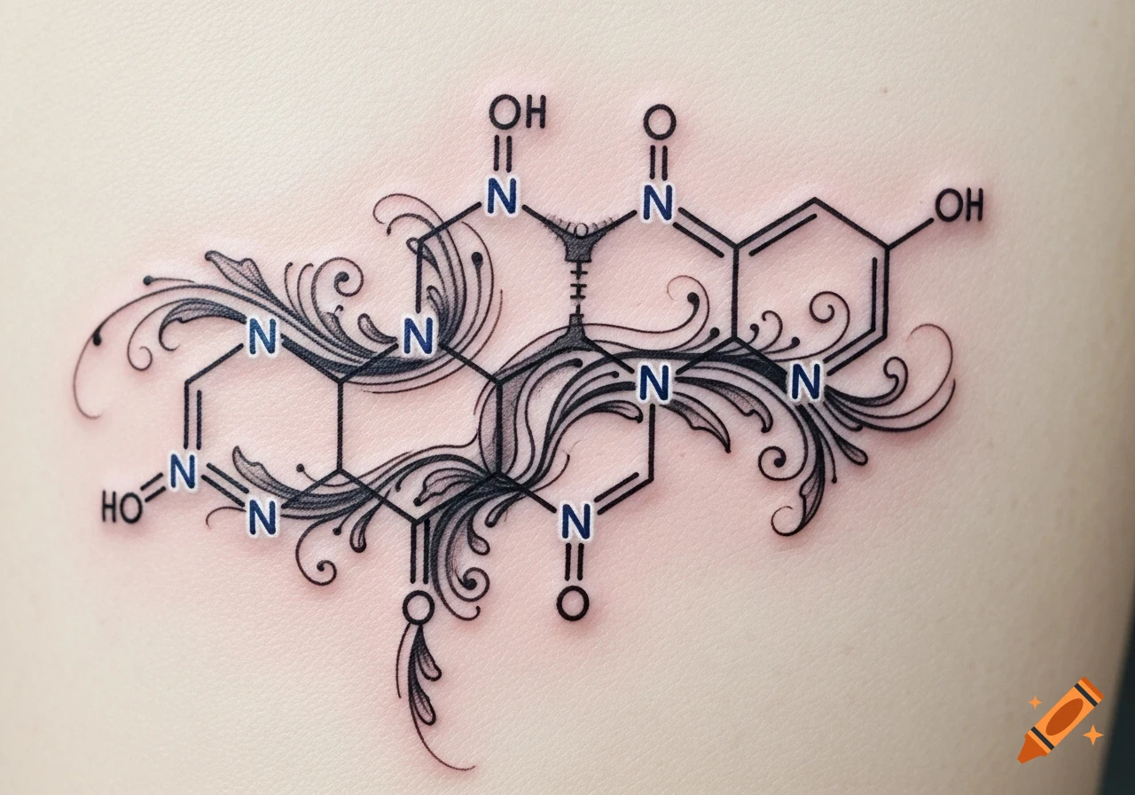 Stylized black and blue caffeine molecule tattoo with intricate filigree on light skin.