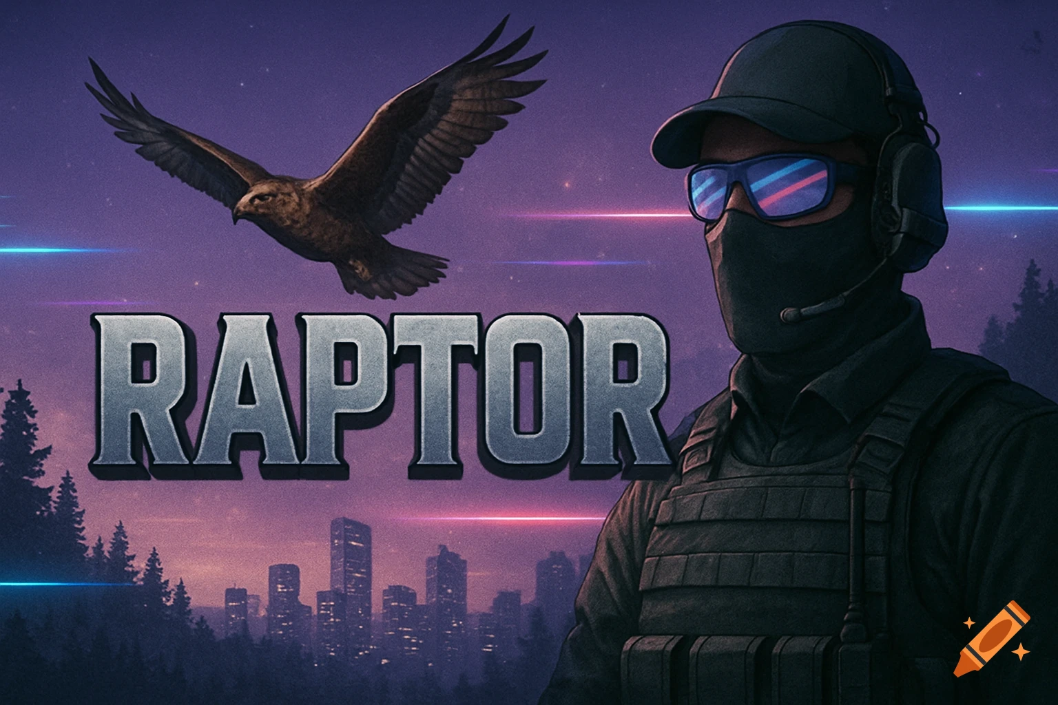 A tactical figure in a mask and cap with reflective sunglasses, an eagle, and the word RAPTOR over a city and forest at sunset.
