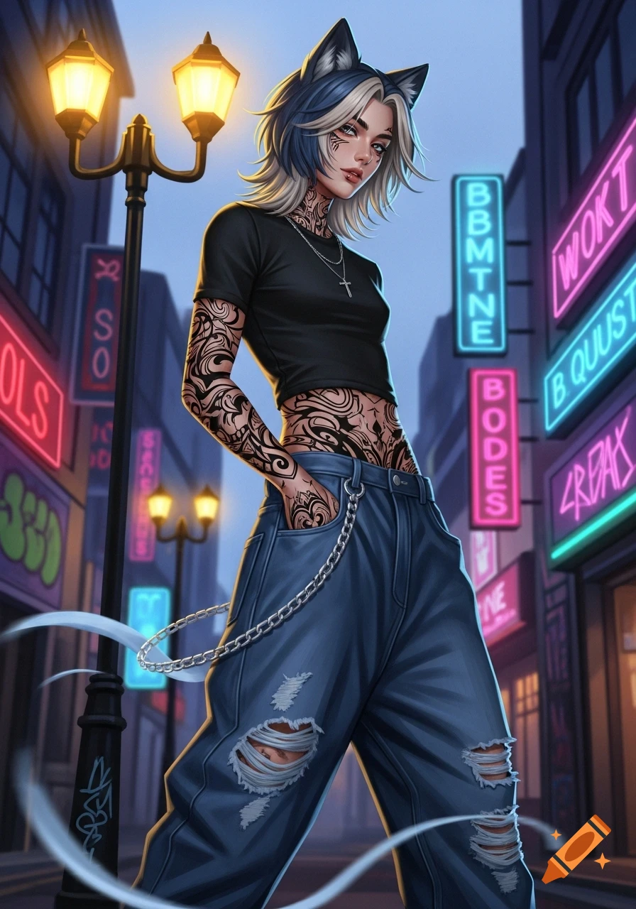 A stylized illustration of a female character with cat ears, wolf cut hair, and extensive tattoos, wearing a black crop top and ripped baggy jeans, standing on a neon-lit city street at night.