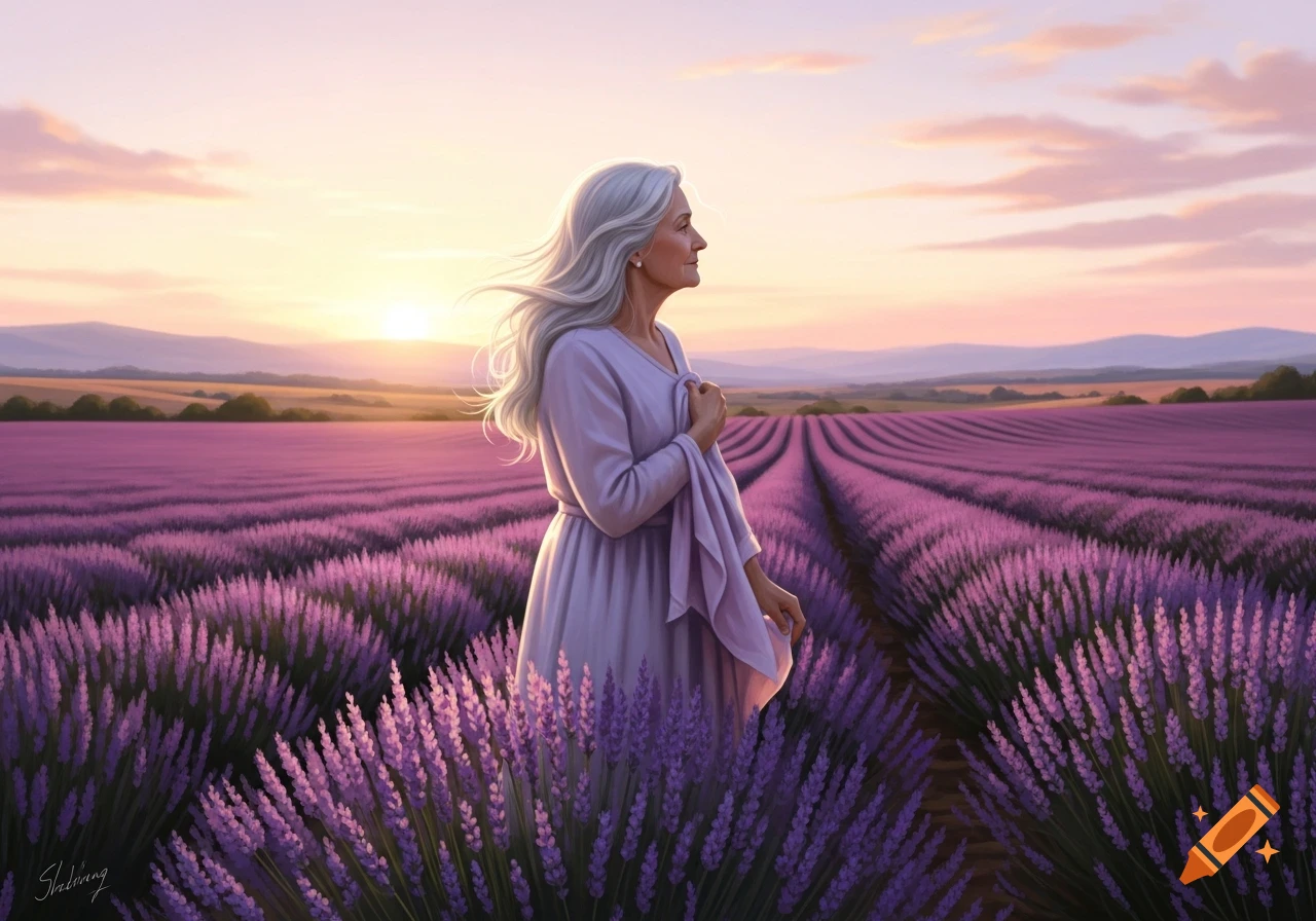 A woman with long grey hair stands in a vibrant purple lavender field ...