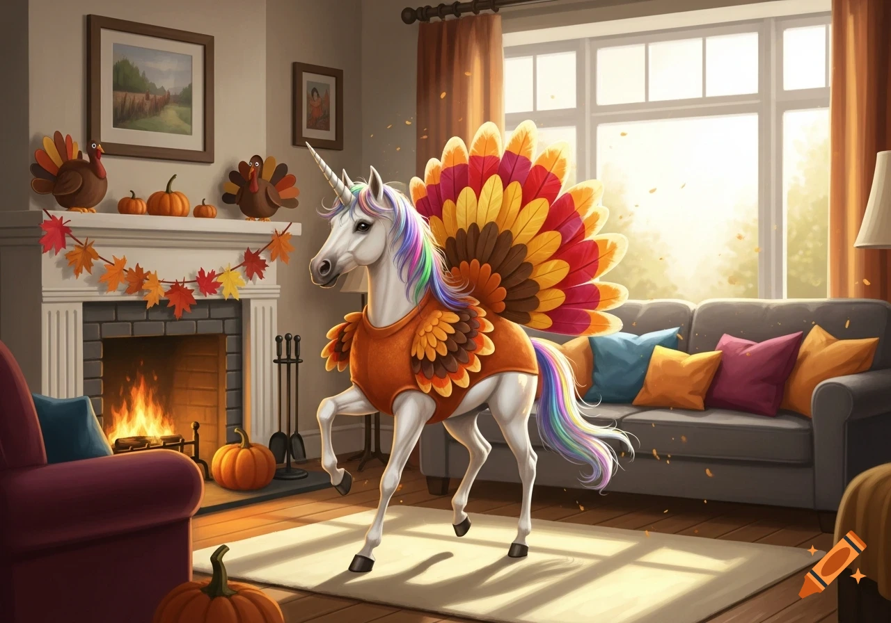 A white unicorn with rainbow hair, wearing a vibrant turkey costume, prances in a cozy, fall-decorated living room with a fireplace.