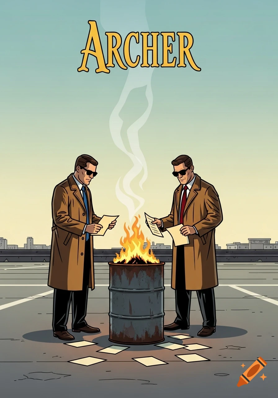 Two agents in trench coats burn documents in a barrel on a parking lot, in Archer TV show style with 'ARCHER' text.