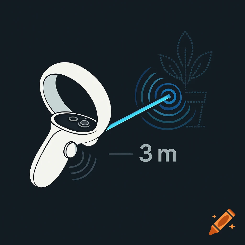A white VR controller points a blue laser at a dotted pot plant, with "3 m" distance indicated, on a dark background in a digital illustration style.