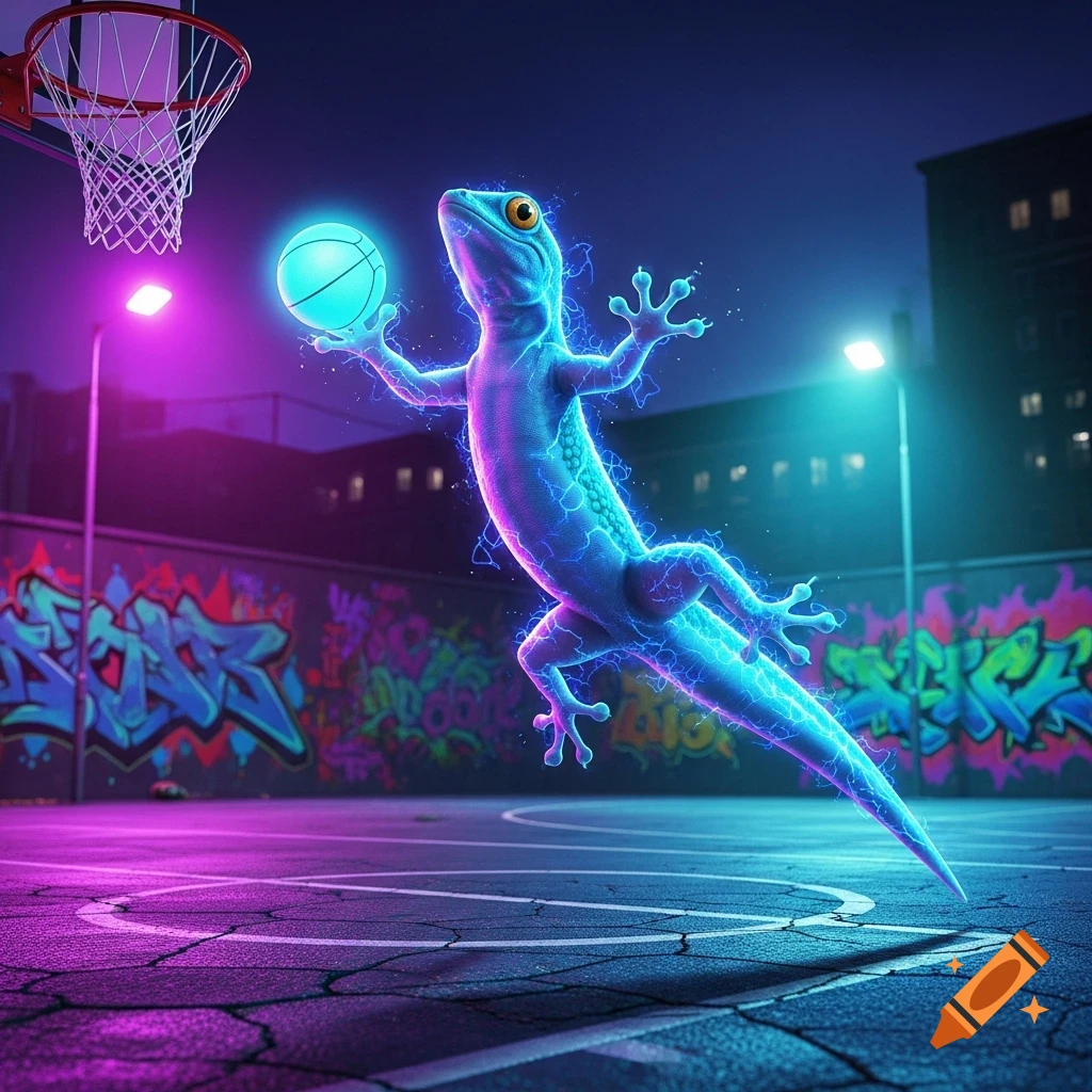 A neon blue gecko in mid-air, about to slam dunk a glowing blue basketball on a vibrant, graffiti-covered court at night.
