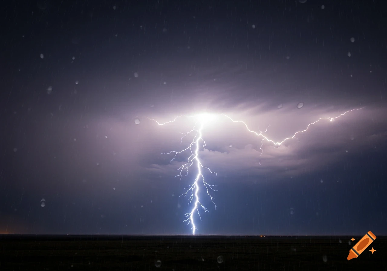 A bright lightning bolt strikes down from a dark, stormy sky filled ...