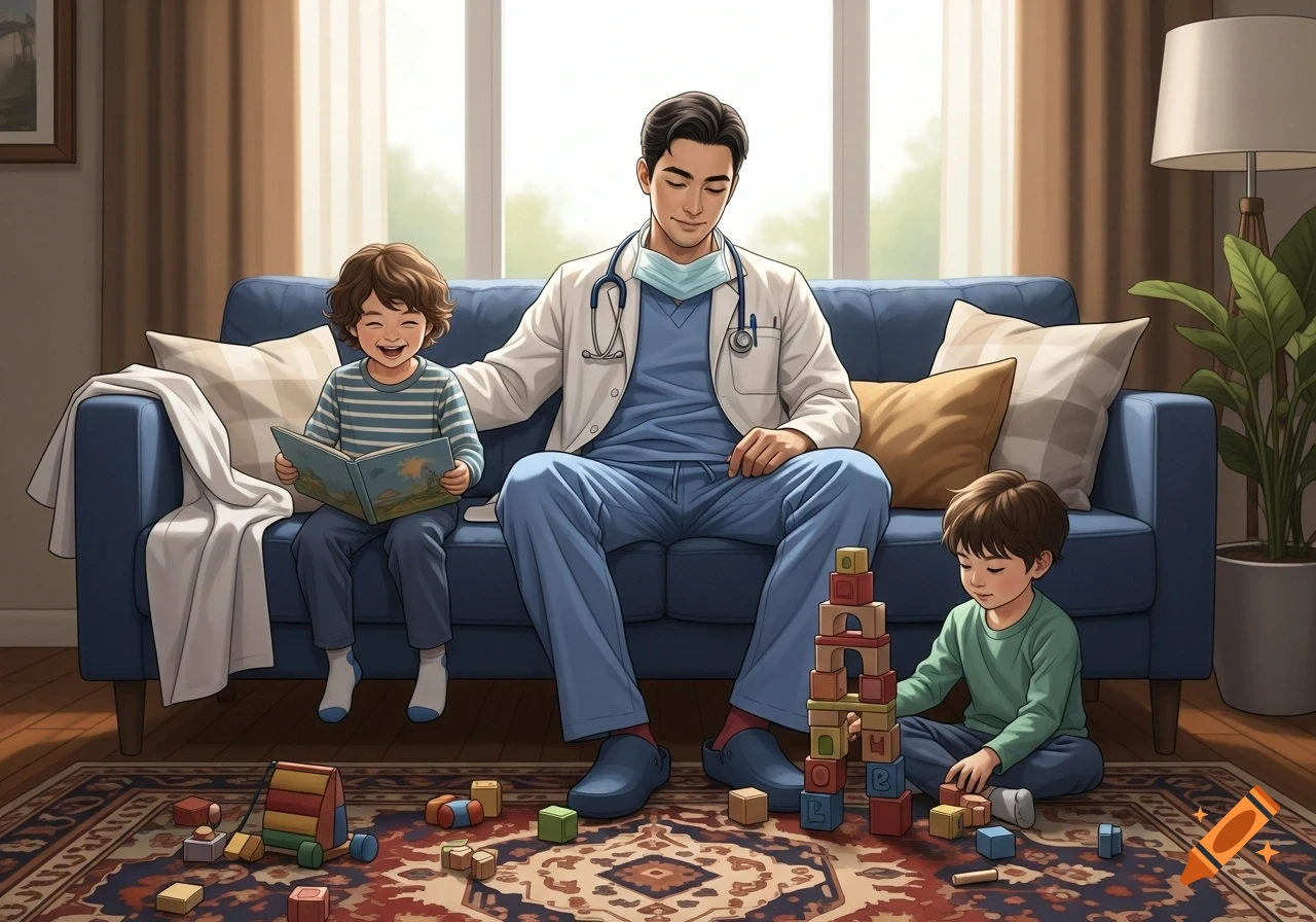 A cartoon doctor in scrubs sits on a blue couch, with one child reading a book and another playing with building blocks on a rug.