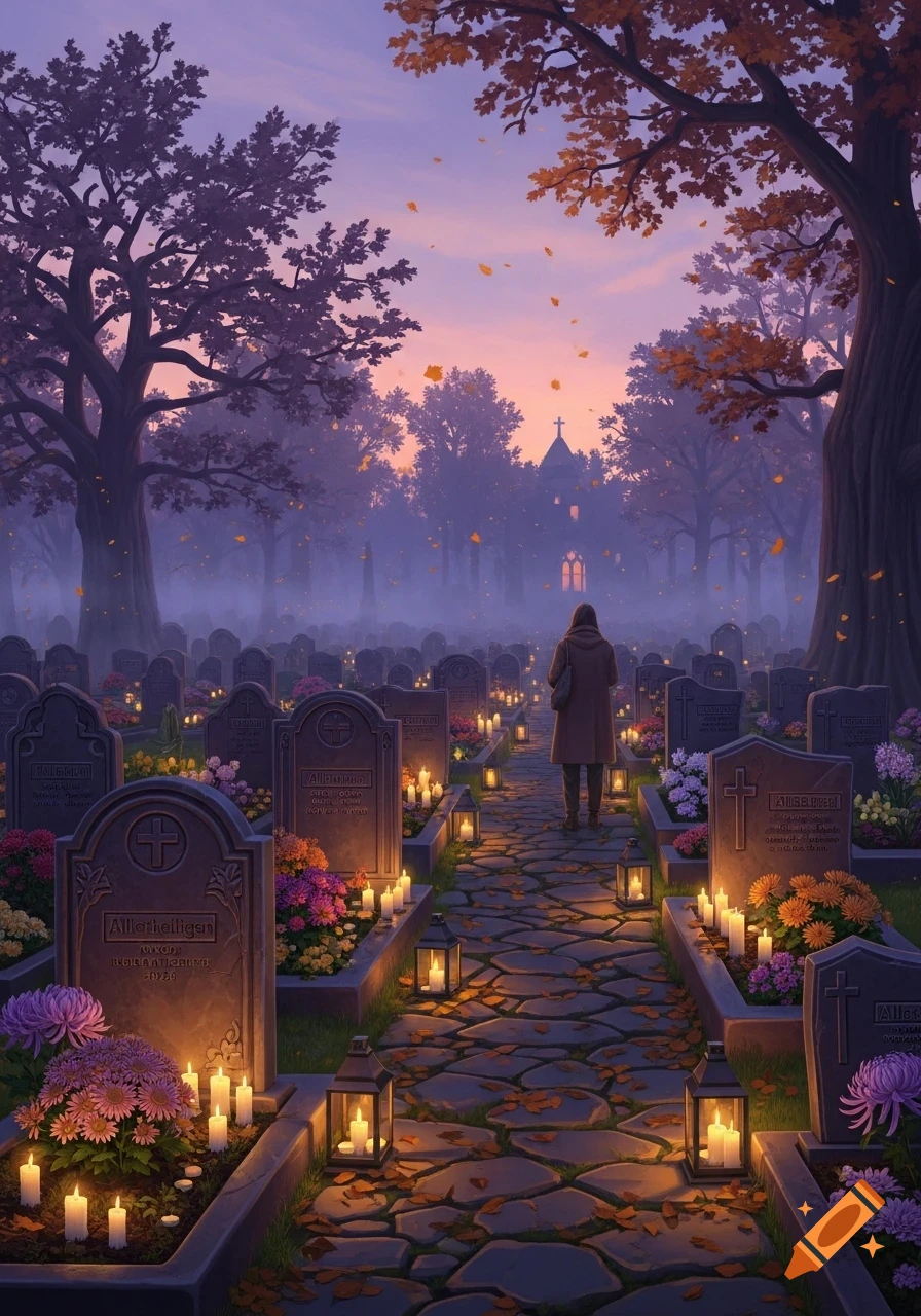 A person walks down a cobblestone path lined with gravestones and many glowing candles in a foggy cemetery at twilight, with autumn trees and a distant church.
