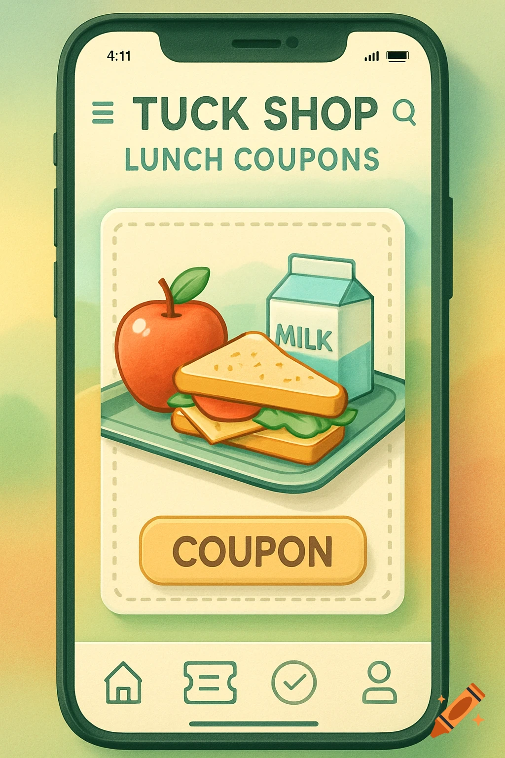 A stylized drawing of a mobile app screen displaying 'TUCK SHOP LUNCH COUPONS', an apple, a sandwich, a milk carton, and a 'COUPON' button.