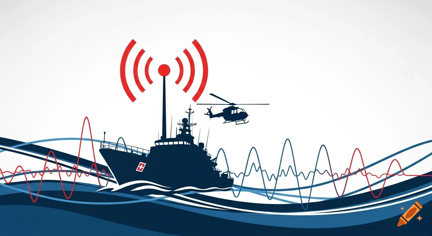 Stylized illustration of a rescue ship and helicopter on ocean waves with red radio signals from an antenna.