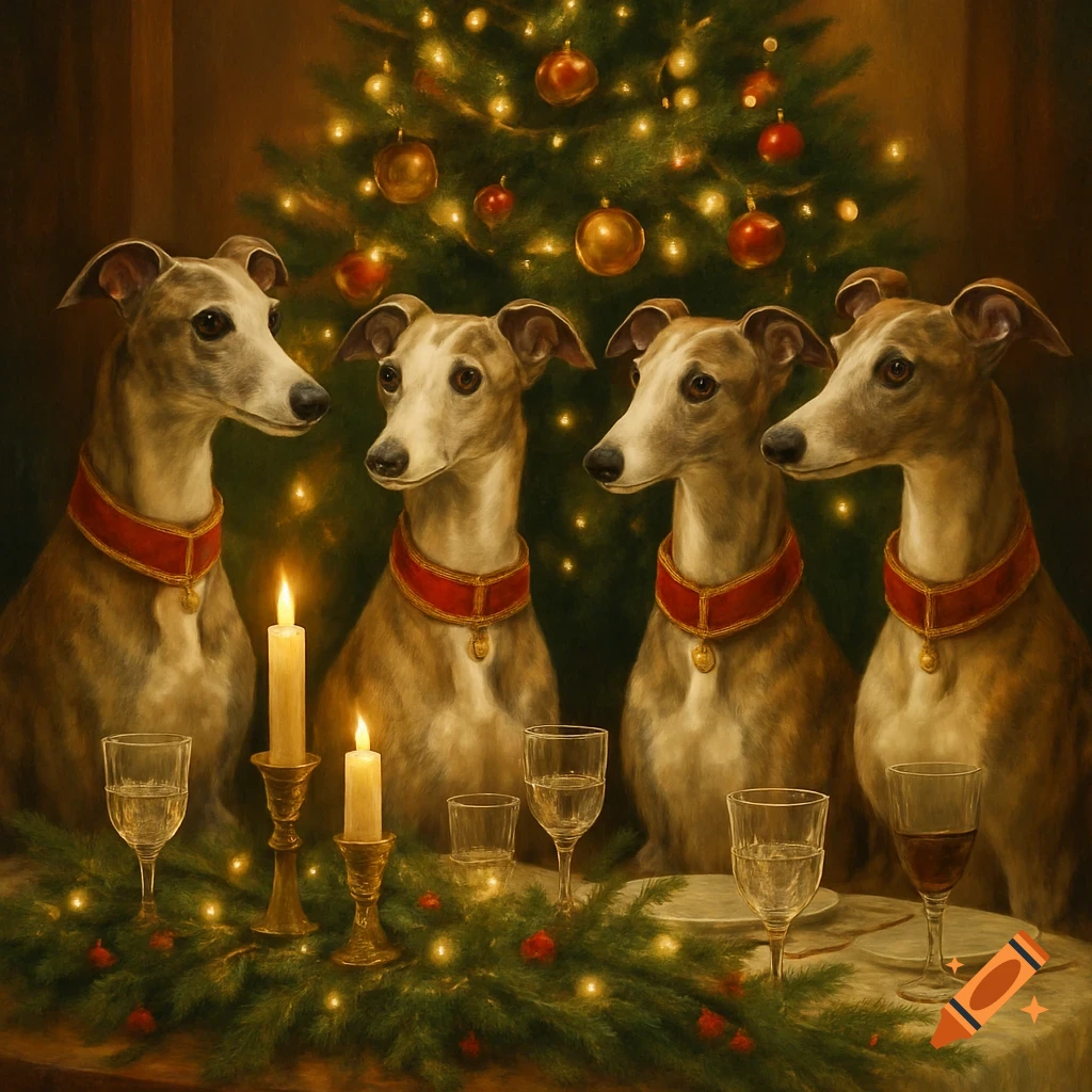four-whippet-dogs-in-red-collars-sit-at-a-christmas-table-with-candles