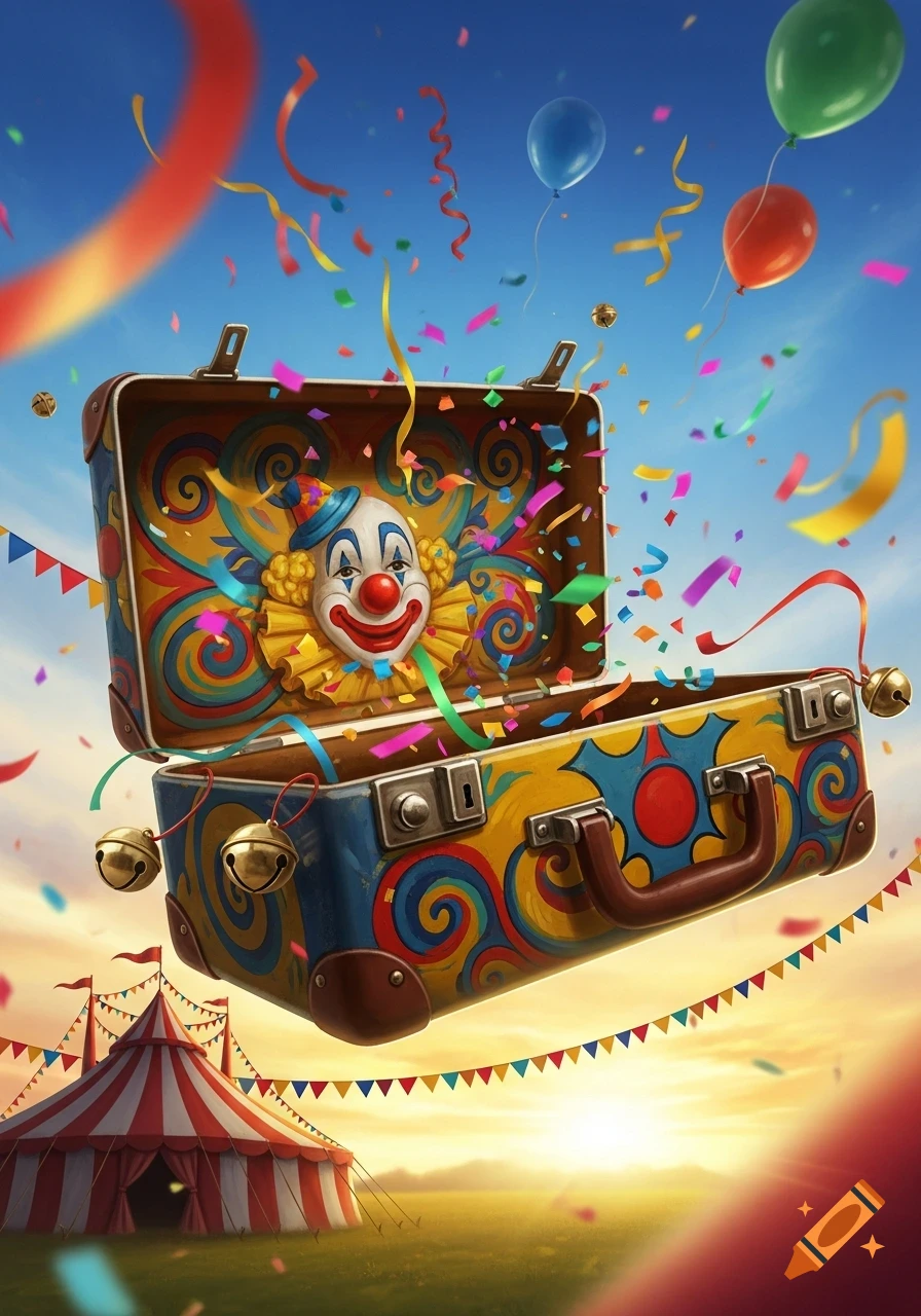 A vibrant open suitcase with a clown face inside, confetti, and balloons floats above a circus tent at sunset.