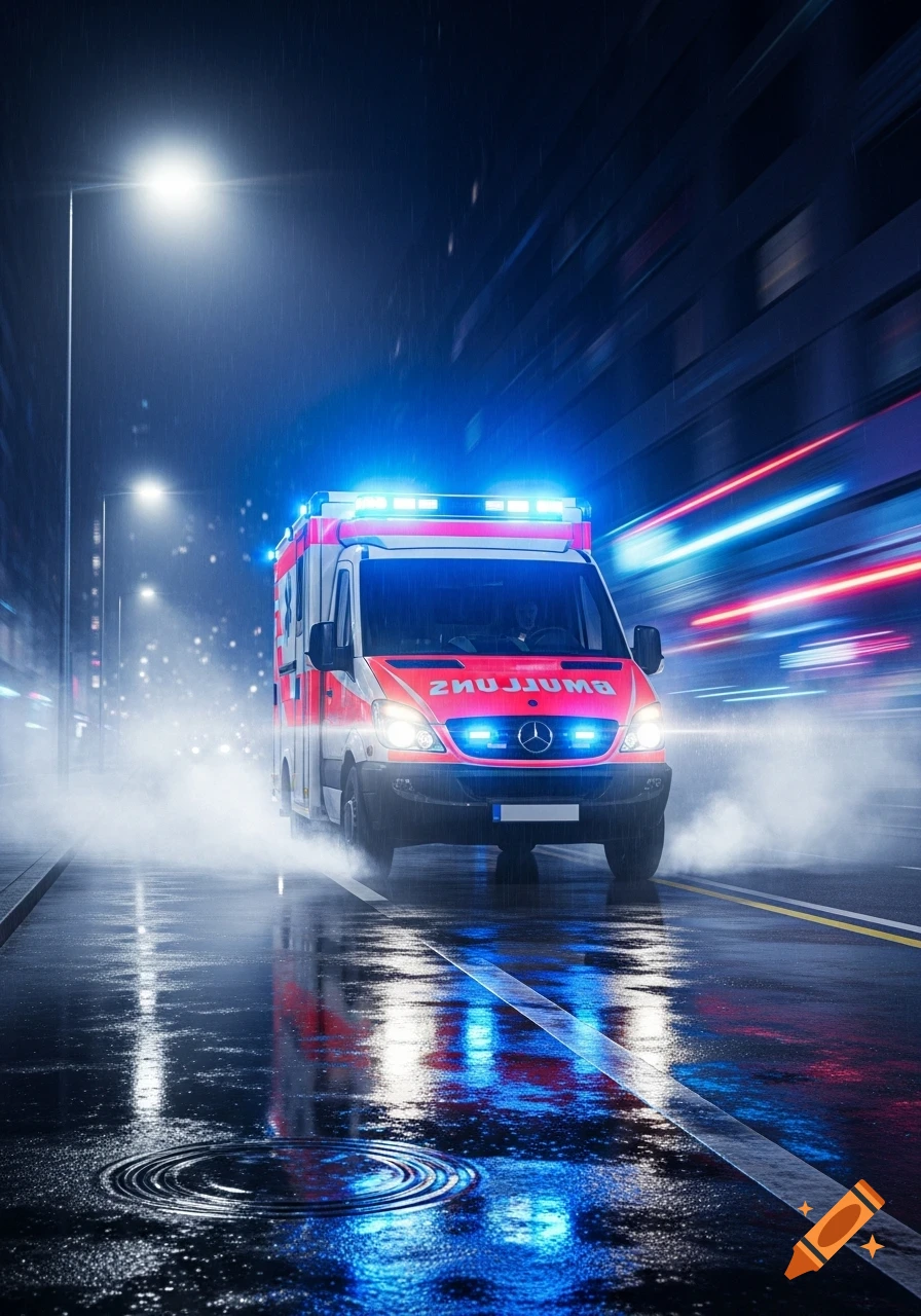 A German ambulance with blue emergency lights drives through a rainy city street at night, creating dramatic reflections.