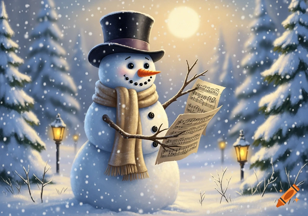 A cheerful snowman wearing a top hat and scarf stands in a snowy forest, holding two sheets of music under a glowing sun.