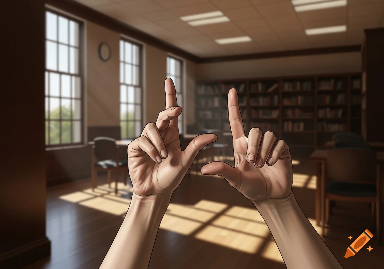 Two hands in the foreground form 'L' shapes, framing a blurred library background with windows and bookshelves.