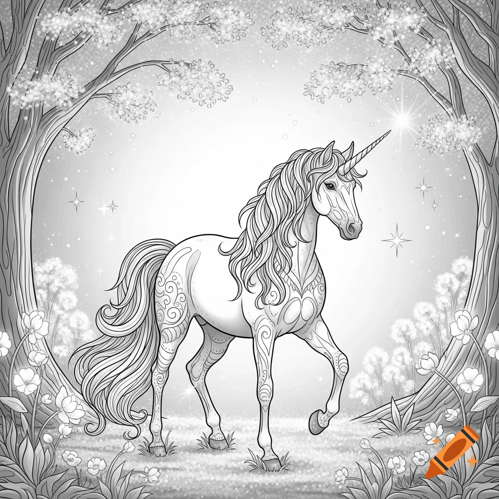 Line art drawing of a majestic unicorn with a long flowing mane and tail, standing in a magical forest with glowing trees and wildflowers.
