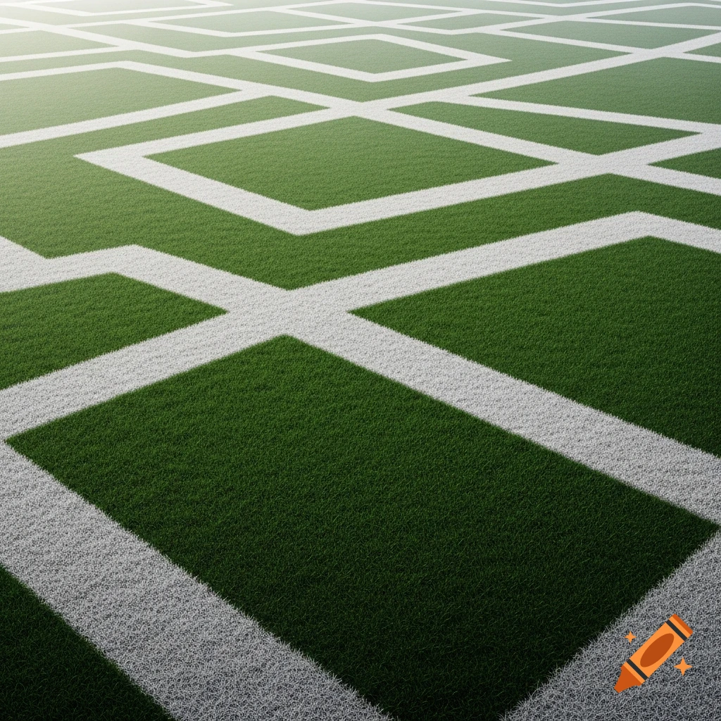 Green grass turf with a white geometric pattern of interlocking rectangles and squares stretching into the distance.