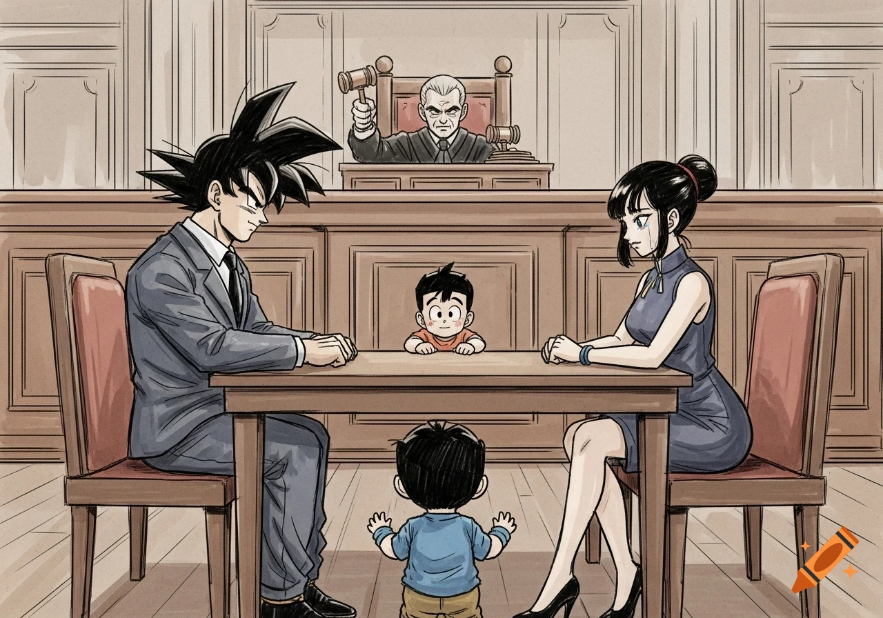Goku and Chi-Chi in a courtroom for a custody battle over Goten, with a judge looking on, in manga art.