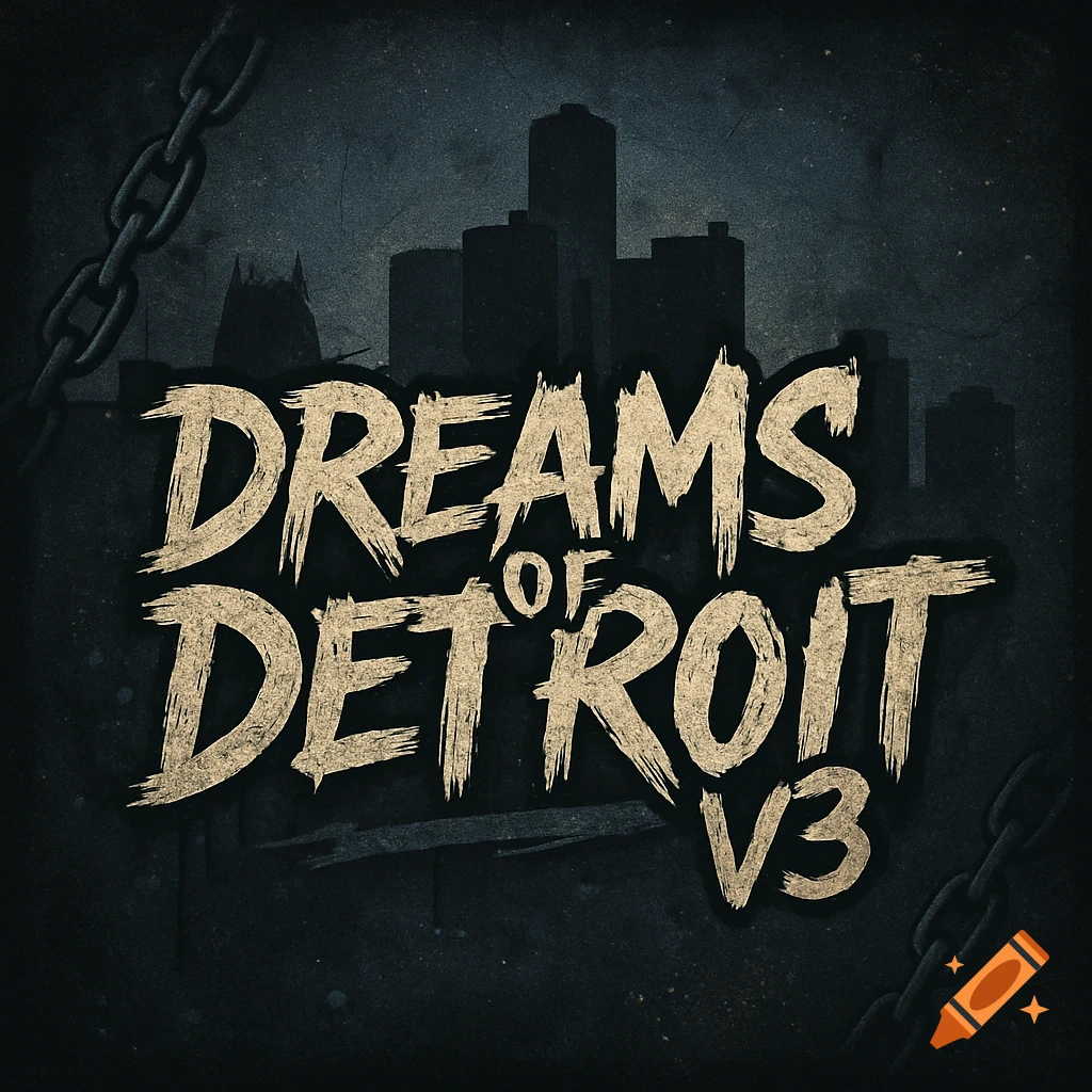 A grungy, urban logo for 'Dreams of Detroit V3' with a dark skyline silhouette and chains.