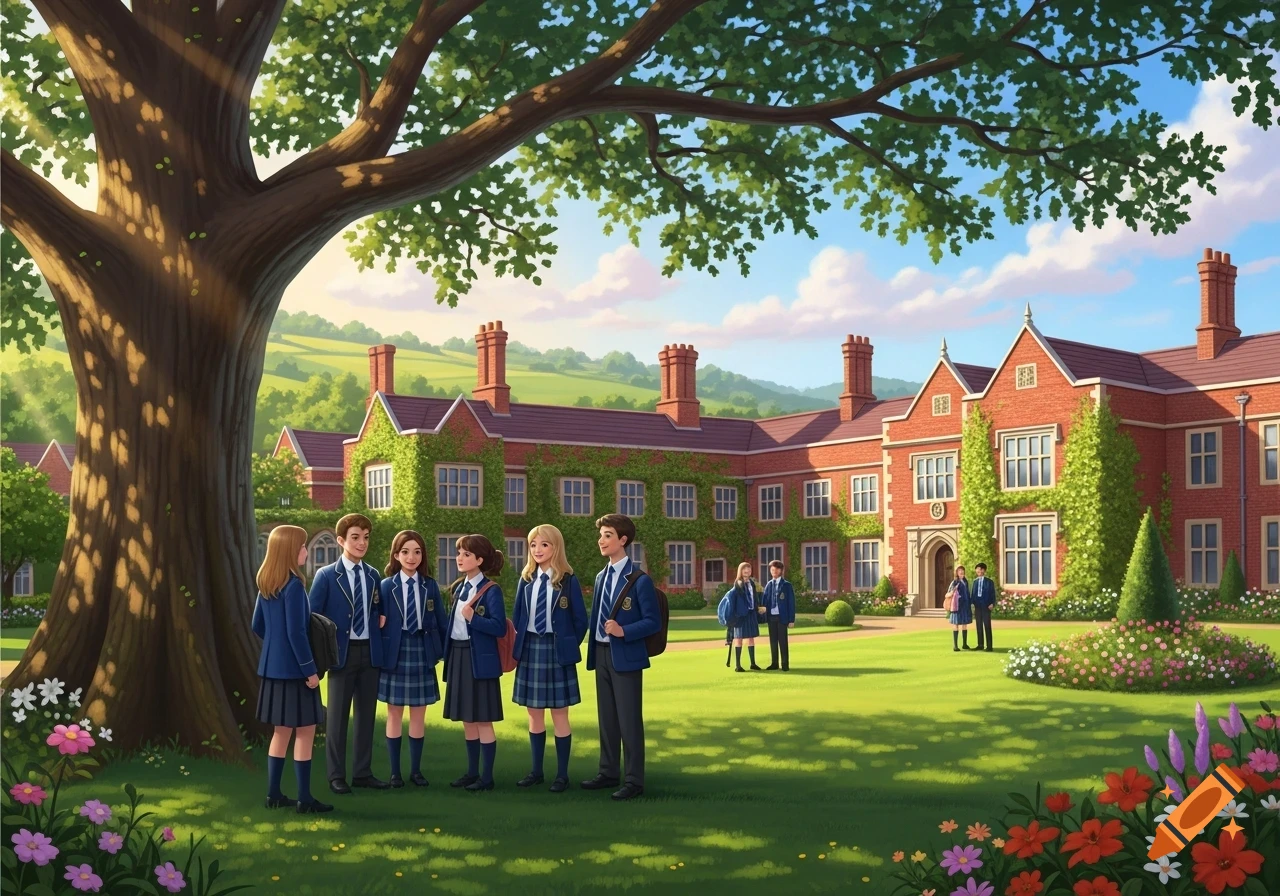 Illustrated scene of students in blue uniforms standing on a green lawn in front of a grand brick school building with a large tree.