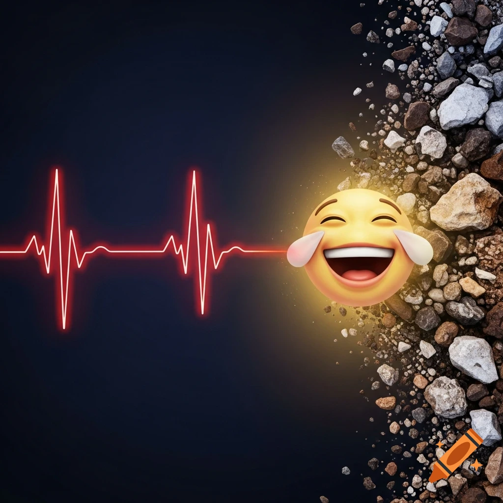 A glowing red heartbeat line transitions into a laughing emoji, which then ends in a pile of rocks on a dark background.