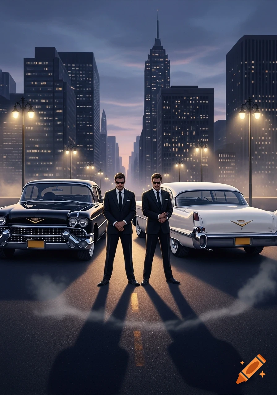 Two men in dark suits and sunglasses stand between a black and a white classic Cadillac on a city street at dusk.