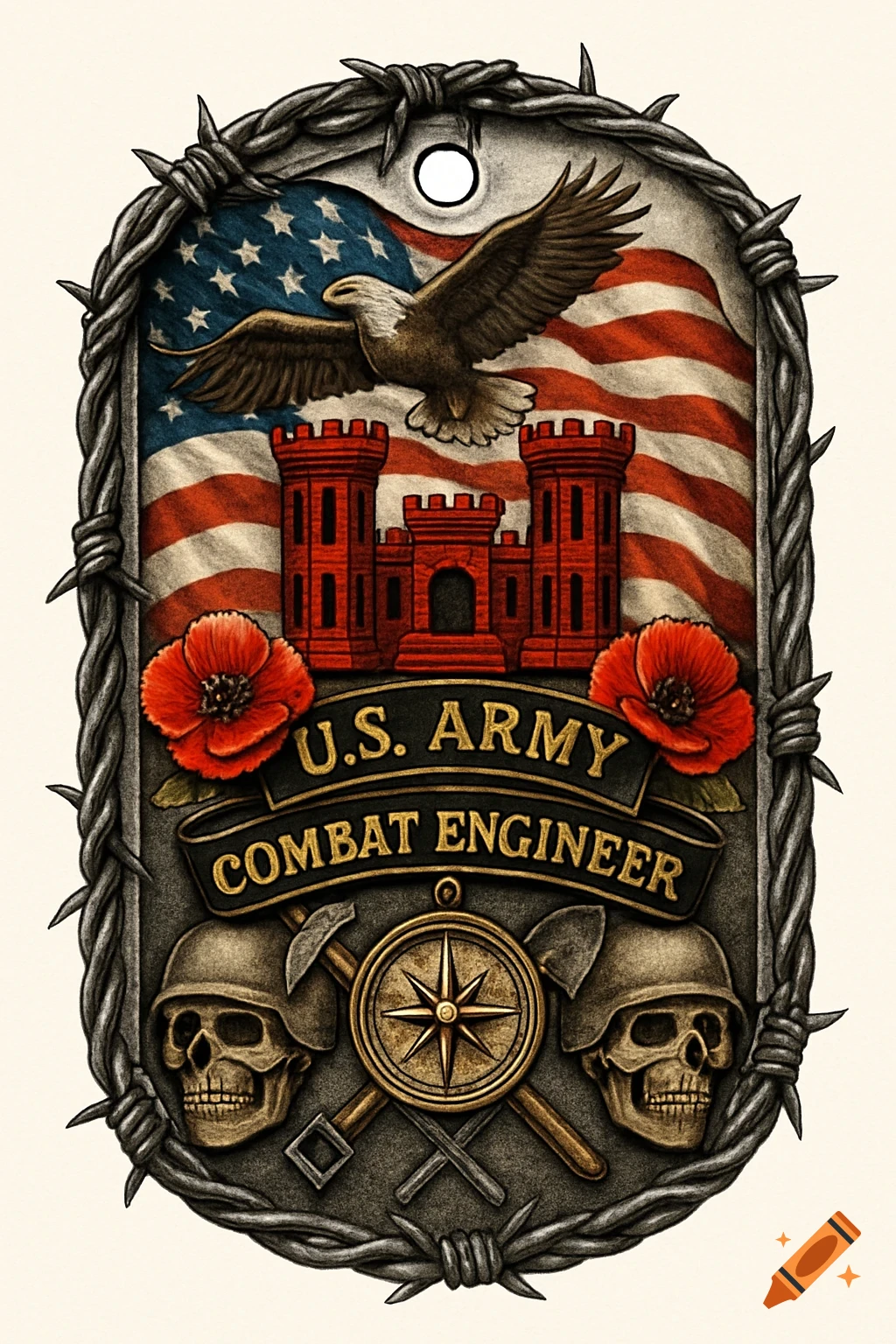Stylized military dog tag emblem with an American flag, bald eagle, red castles, poppies, skulls in helmets, compass, and text "U.S. Army Combat Engineer".