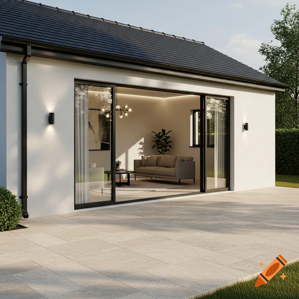 Photorealistic render of a modern white outbuilding with a black roof, large sliding glass doors, and a paved patio.