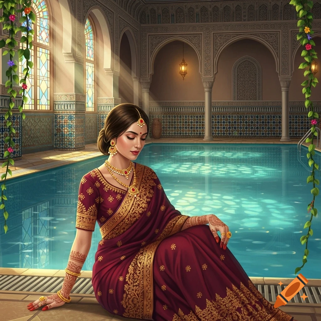 A woman in a red and gold traditional Indian saree and jewelry sits gracefully by an ornate indoor swimming pool.