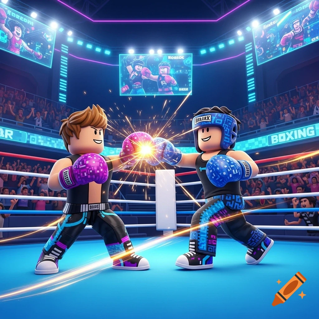 Two Roblox-style characters in boxing gear exchange punches in a brightly lit arena, with digital screens showing more boxers and a crowd cheering.