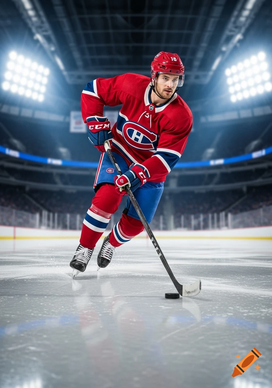 Montreal Canadiens hockey player in red jersey skates on ice with stick and puck in a brightly lit arena.