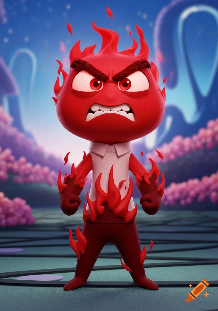 A red, angry 3D cartoon character with flames and bared teeth, reminiscent of Inside Out, stands in a stylized landscape.