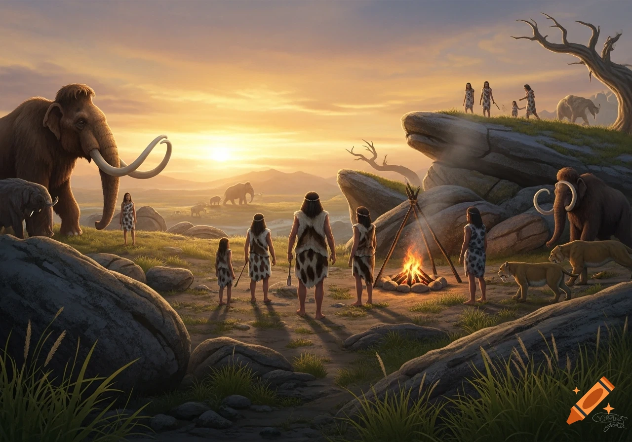 Paleolithic humans in fur clothes gather around a campfire at sunset, with mammoths and sabertooth tigers in a rocky, grassy landscape.