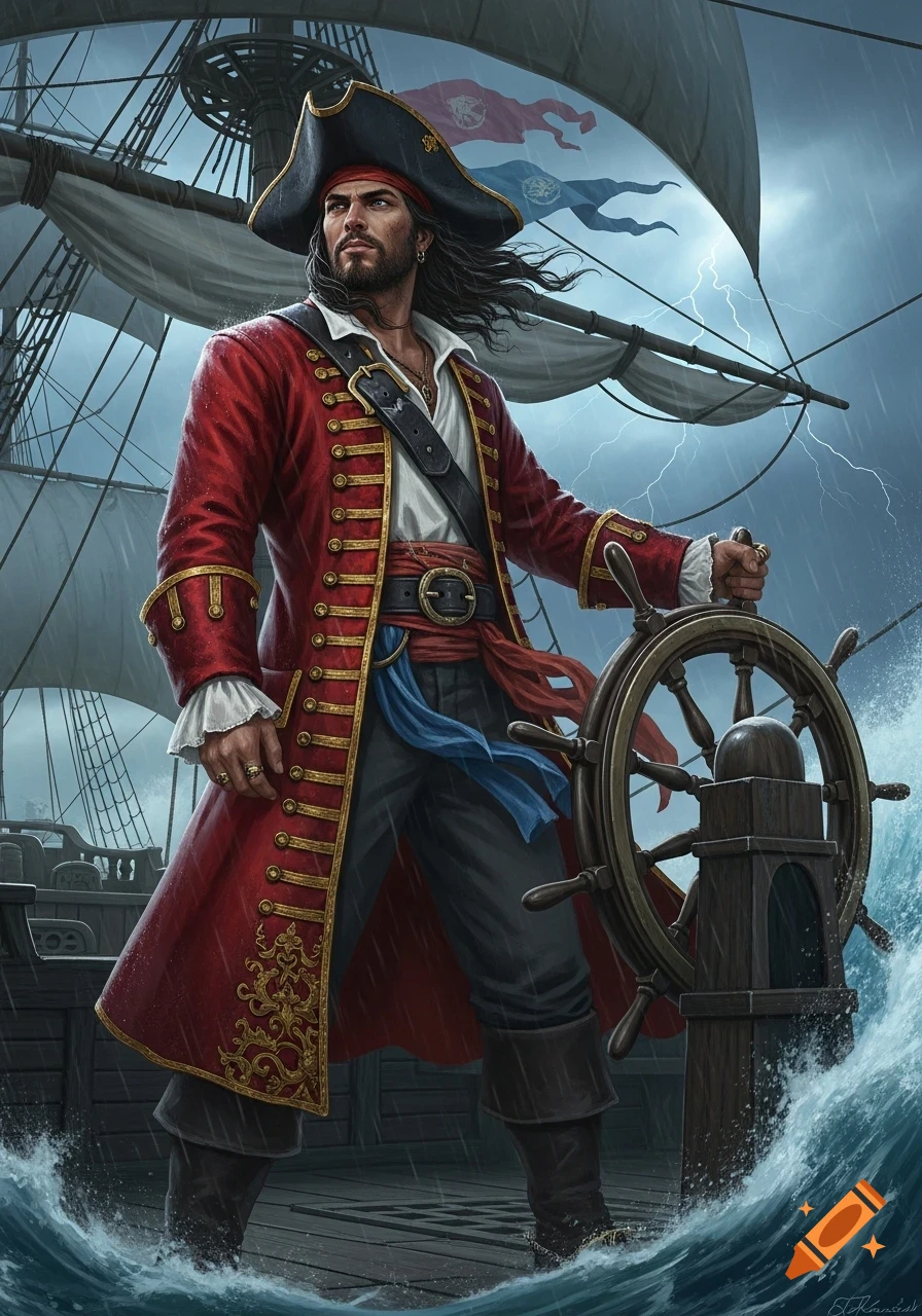 A dark-haired pirate captain in a red coat steers a ship through a stormy sea with lightning, rendered in a detailed fantasy art style.