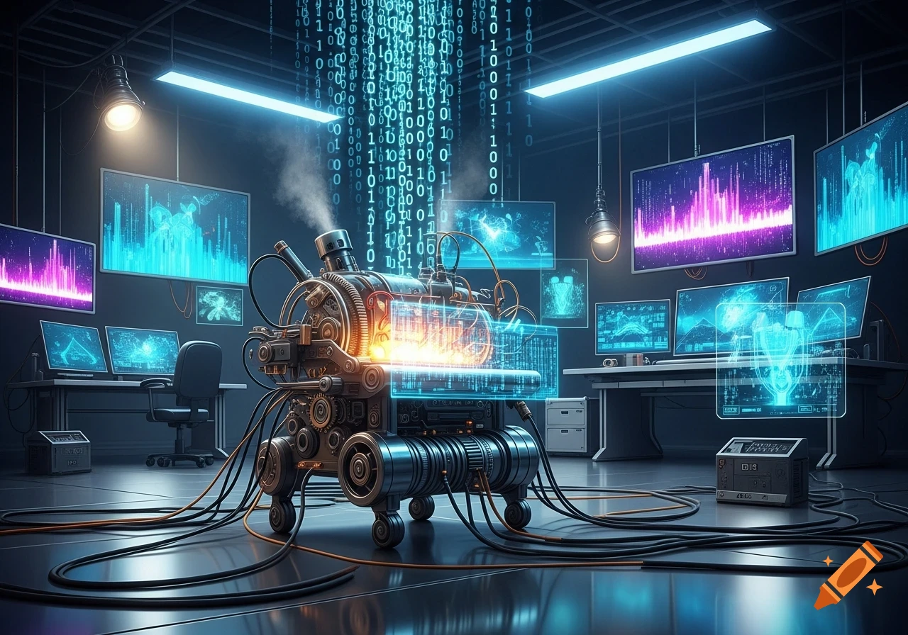 A futuristic dark lab with a complex, glowing machine in the foreground, connected by wires. Binary code falls from the ceiling, and multiple computer screens display vibrant data visualizations.