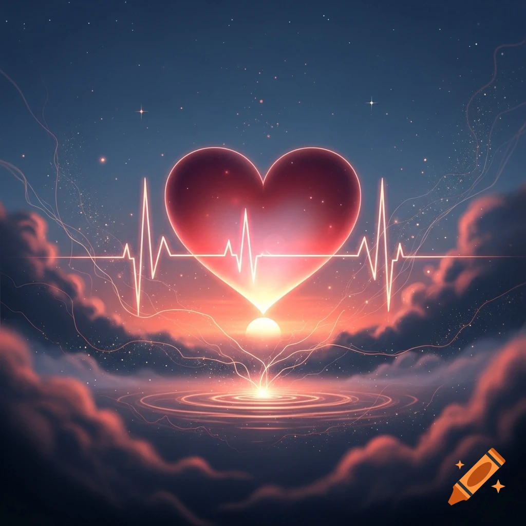Vibrant digital art of a glowing red heart with an ECG line against a starry, cloud-filled night sky.