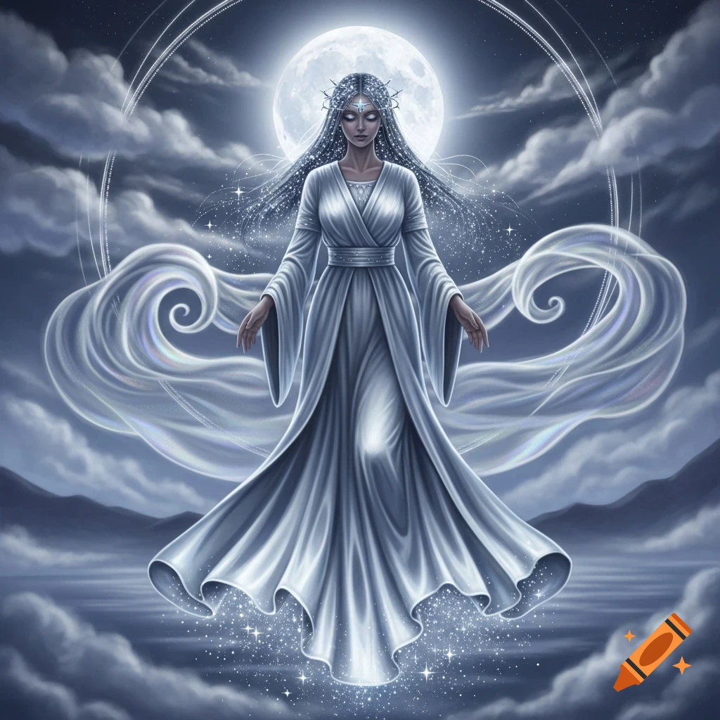 A mystical goddess in a flowing white gown with sparkling hair and crown stands before a full moon and clouds, surrounded by ethereal light.