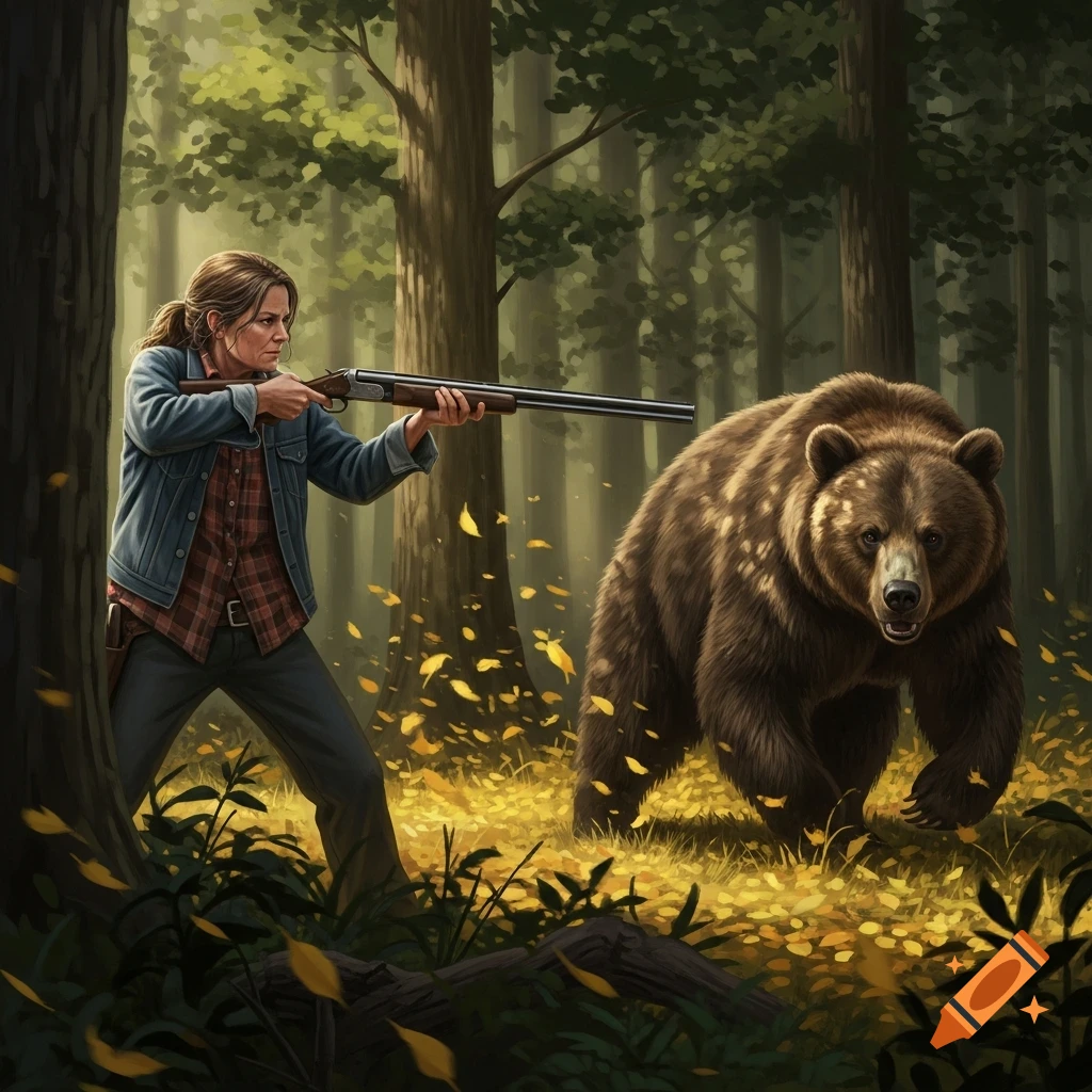 Digital painting of a woman in a forest aiming a shotgun at a large brown bear, surrounded by fallen yellow leaves.