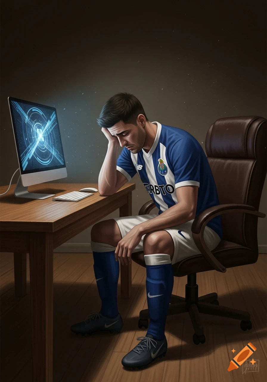 A man in a blue and white soccer jersey, appearing desperate, sits at a wooden desk with his head in his hand, looking at a glowing computer screen displaying abstract blue hacking graphics.
