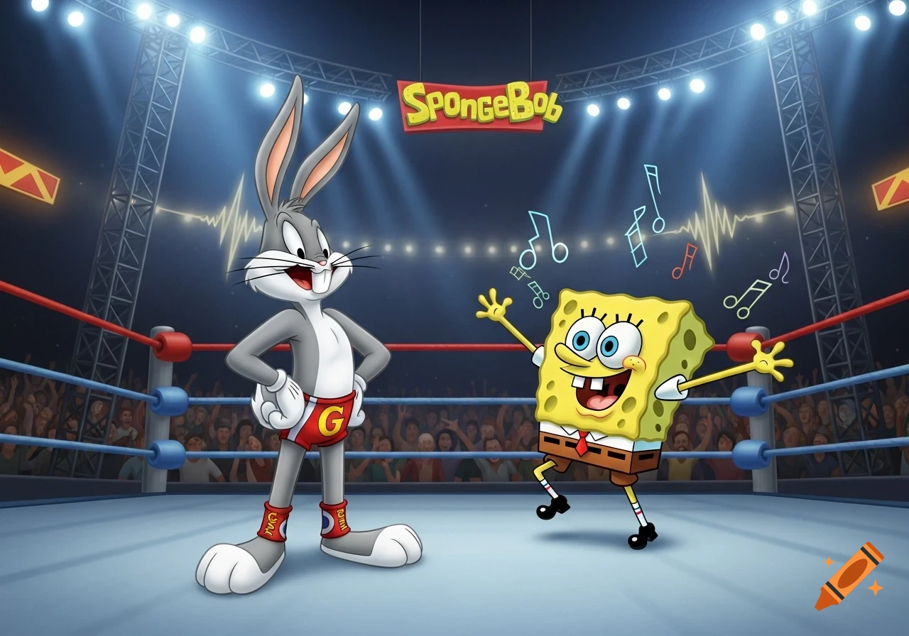 Bugs Bunny and Spongebob Squarepants in a wrestling ring. Bugs Bunny stands, while Spongebob dances with musical notes.