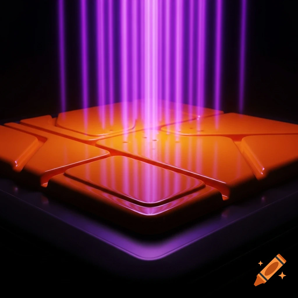 Purple light beams shine down on an orange, segmented geometric surface against a dark background.