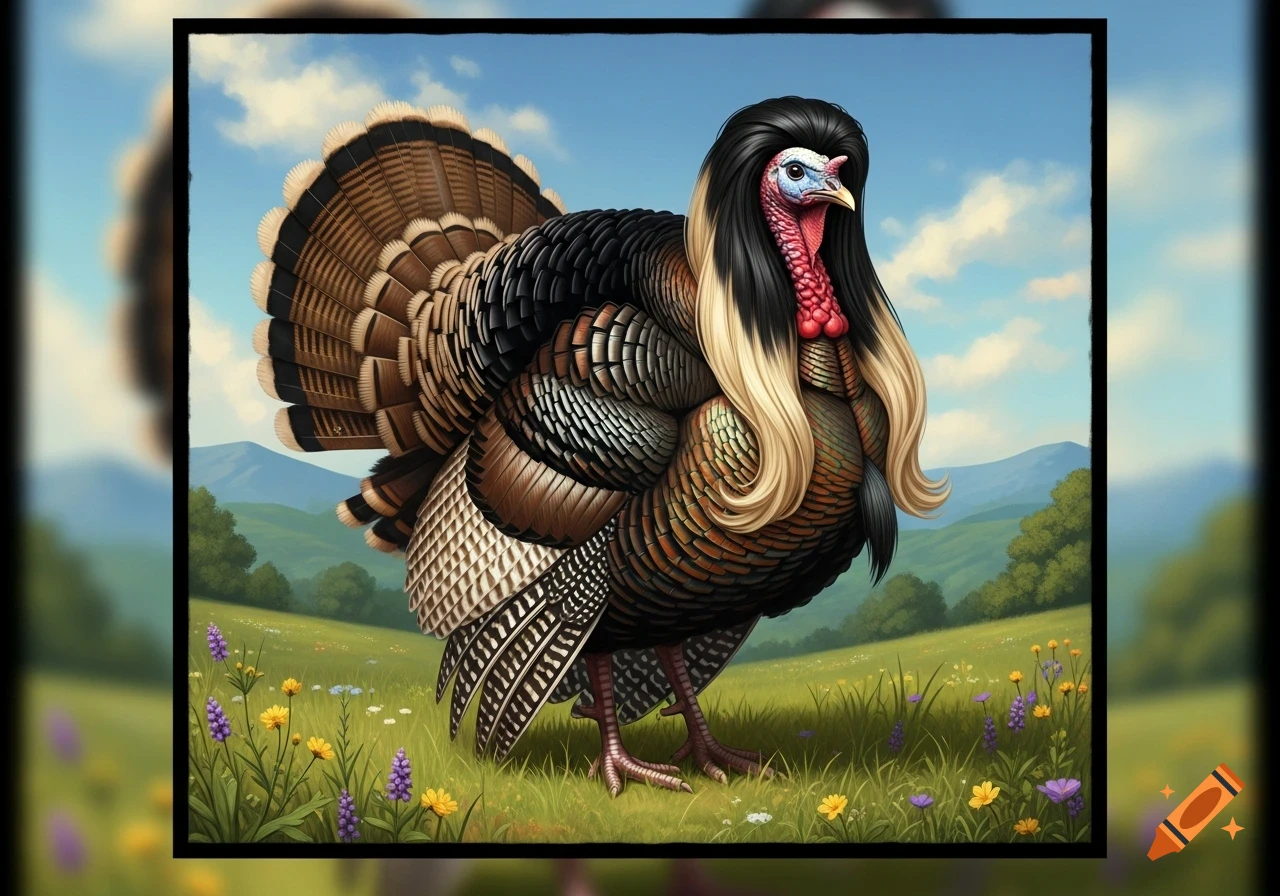 A turkey with long black and blonde hair stands in a vibrant green meadow filled with wildflowers, under a blue sky with clouds.