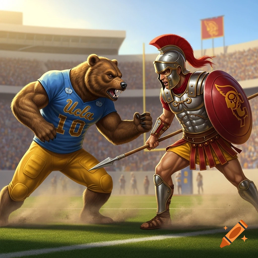 UCLA Bruin mascot in blue jersey confronts a USC Trojan soldier with a spear and shield on a football field.
