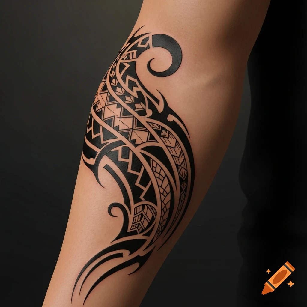 A close-up of an arm displaying a large, intricate black tribal tattoo with geometric patterns and swirls.