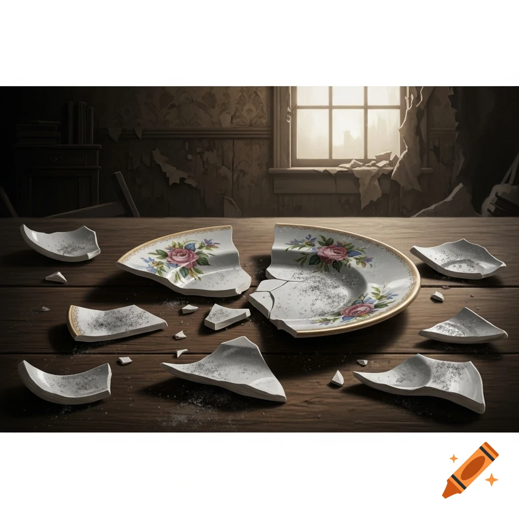 A shattered floral plate covered in debris lies on a wooden table in a dimly lit, dilapidated room with a window in the background.
