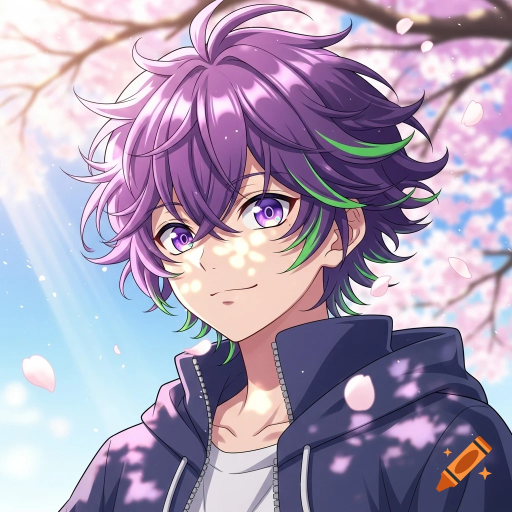 Anime boy with purple messy hair and green streaks, light purple eyes, smiling under cherry blossoms.