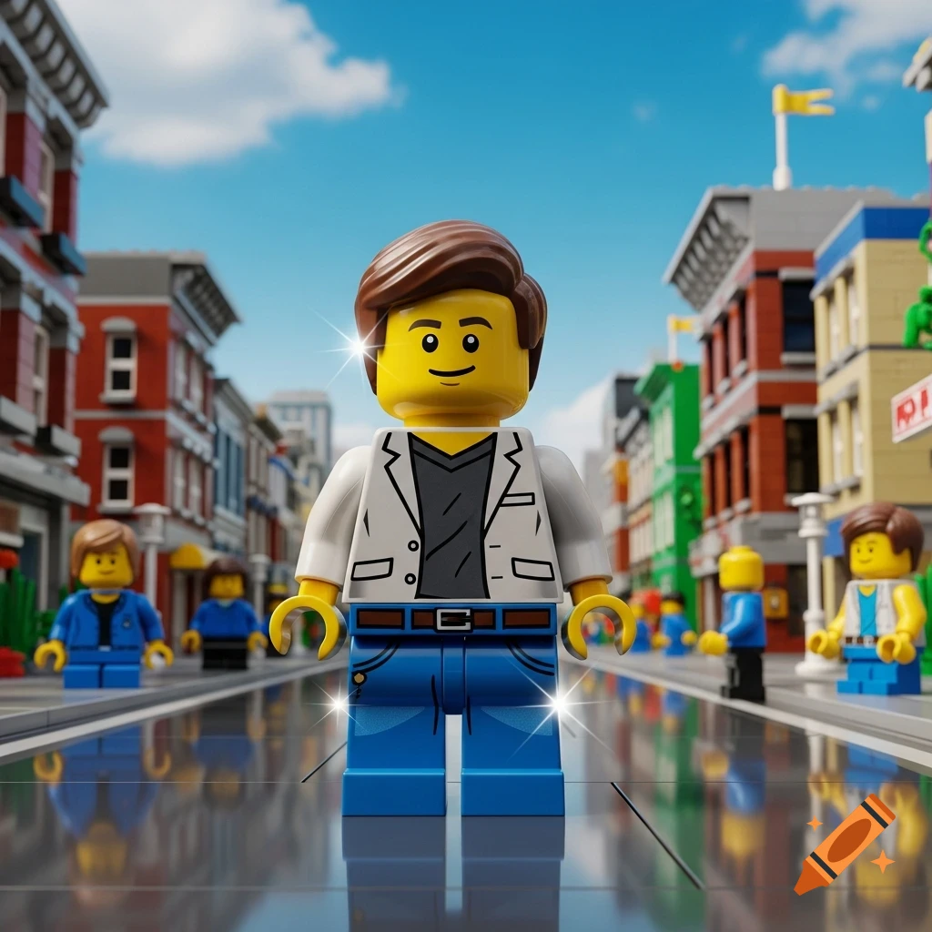 A Lego minifigure in a white jacket and blue jeans stands prominently in a bright, bustling Lego city street.