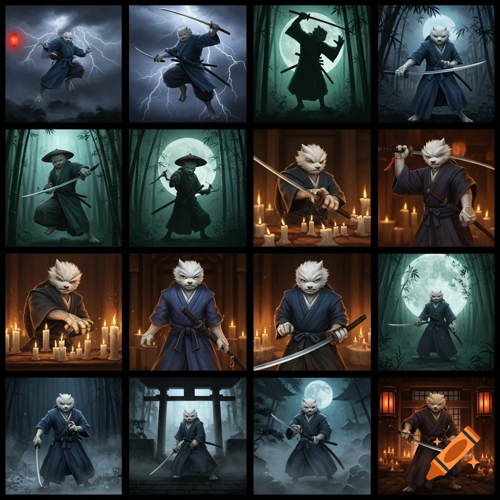 Twelve stylized images of a white fox/rabbit samurai with a katana, posing in various dramatic settings like lightning, bamboo forests, and candlelit rooms.