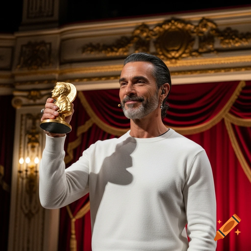 A smiling man with slicked-back hair and a beard, wearing a white sweater, holds up a golden award on a stage with red curtains.