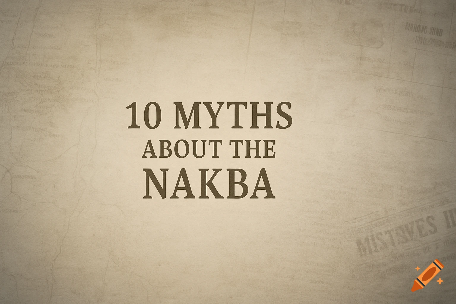 A textured parchment background in muted sepia tones with the title "10 MYTHS ABOUT THE NAKBA" in a serious font. Faint, illegible newspaper clippings and map overlays are subtly blended into the background.