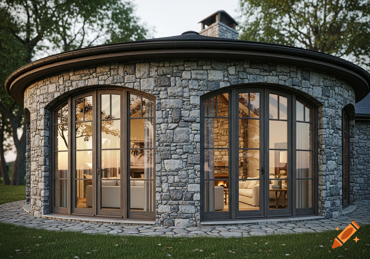 Photorealistic stone semicircle house with arched glass doors, a visible furnished interior, and surrounding green lawn.